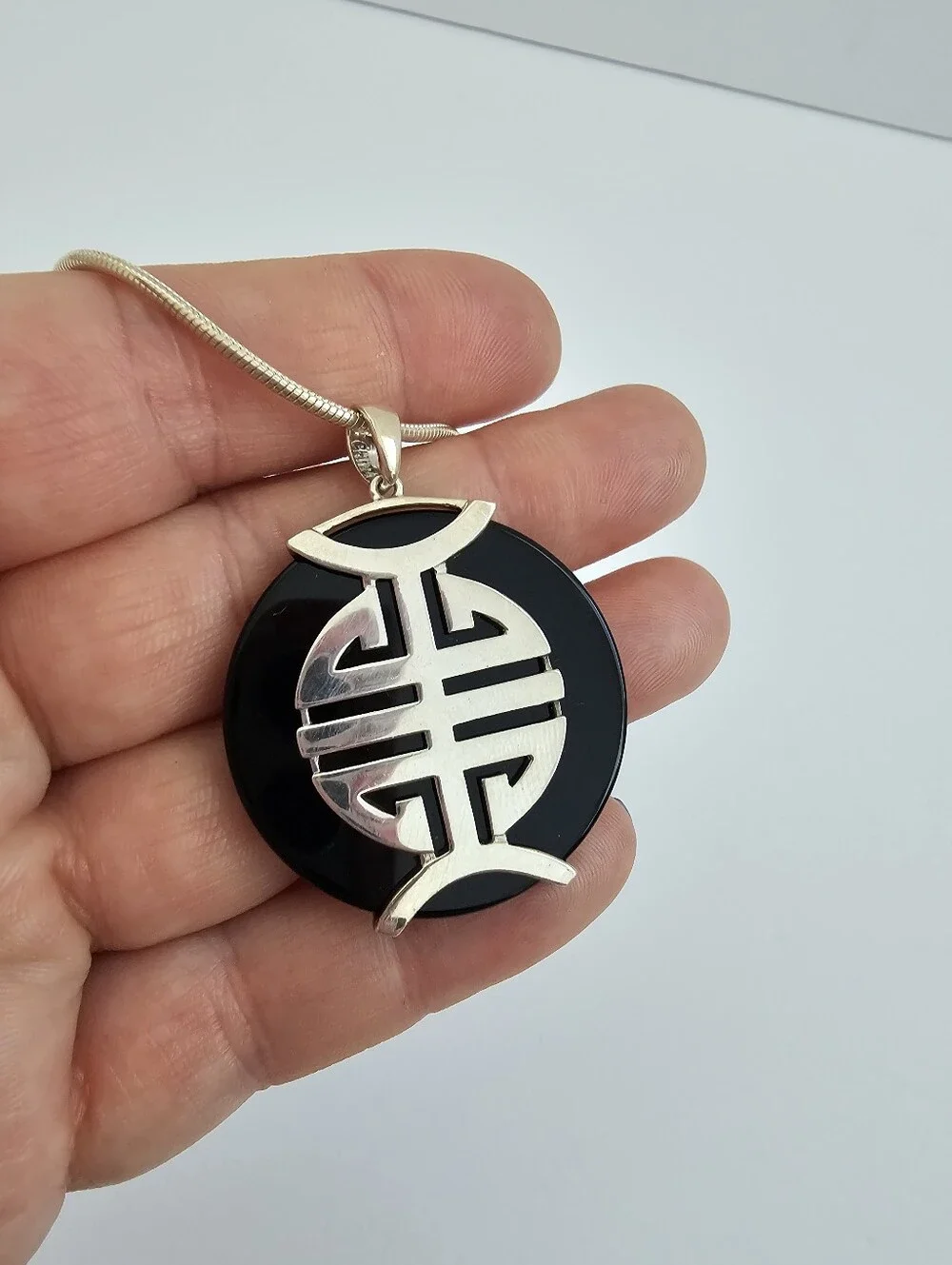 Italian Sterling Silver 925 Black Onyx Shou Character Pendant Necklace​
